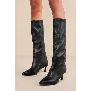 Steve Madden Lavan Black Leather Pointed Toe Kitten Heel Knee-High Boots 6.5M